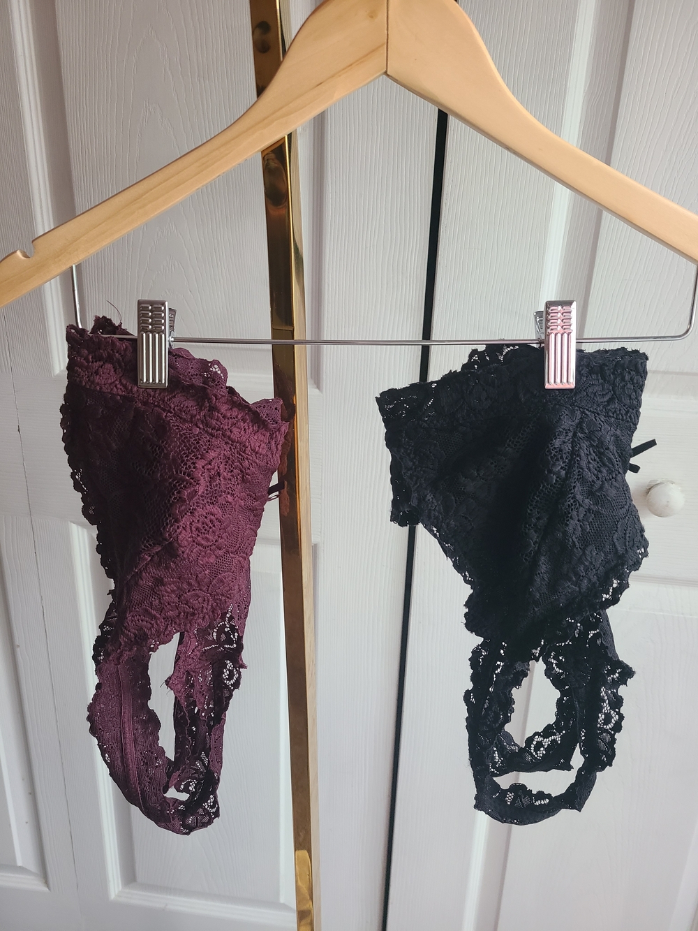 Rene Rofe Lace Thong Set in Plum and Black